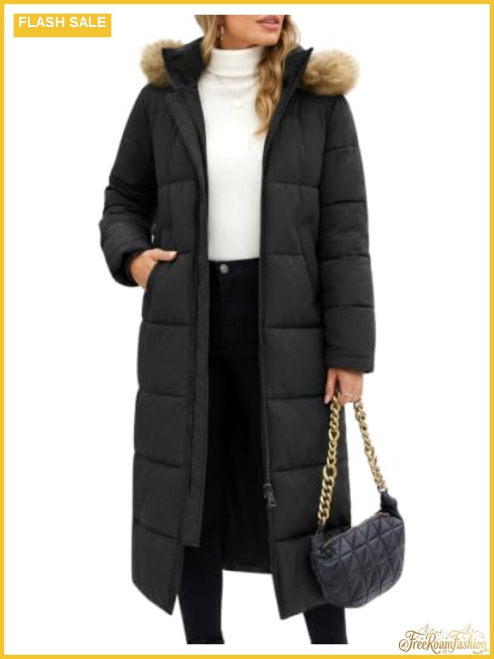 Long Puffer Coat Women Winter Faux Fur Hood Quilted Jacket